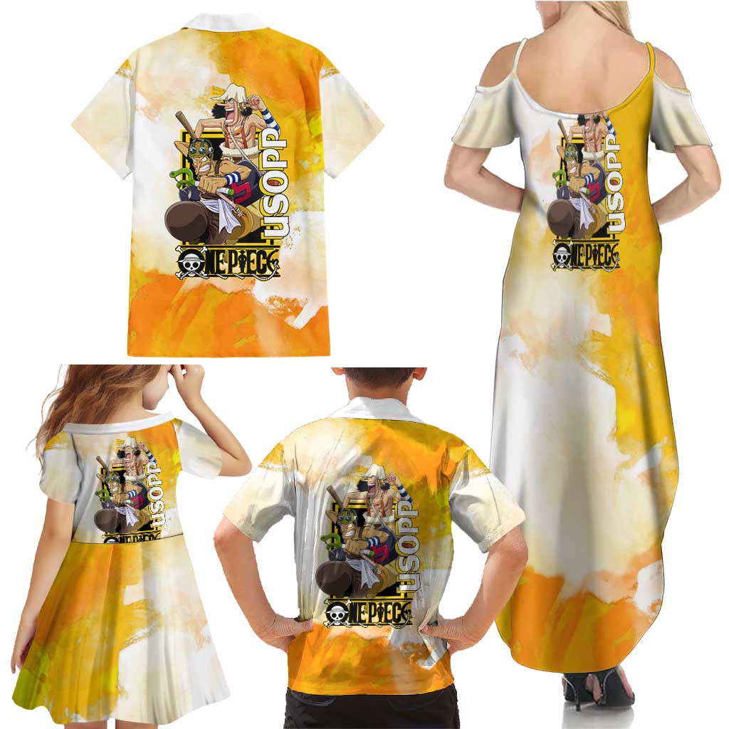 Usopp One Piece Yellow and White Theme Family Matching Summer Maxi Dress and Hawaiian Shirt with Sniper Pose and Sogeking Mask Design