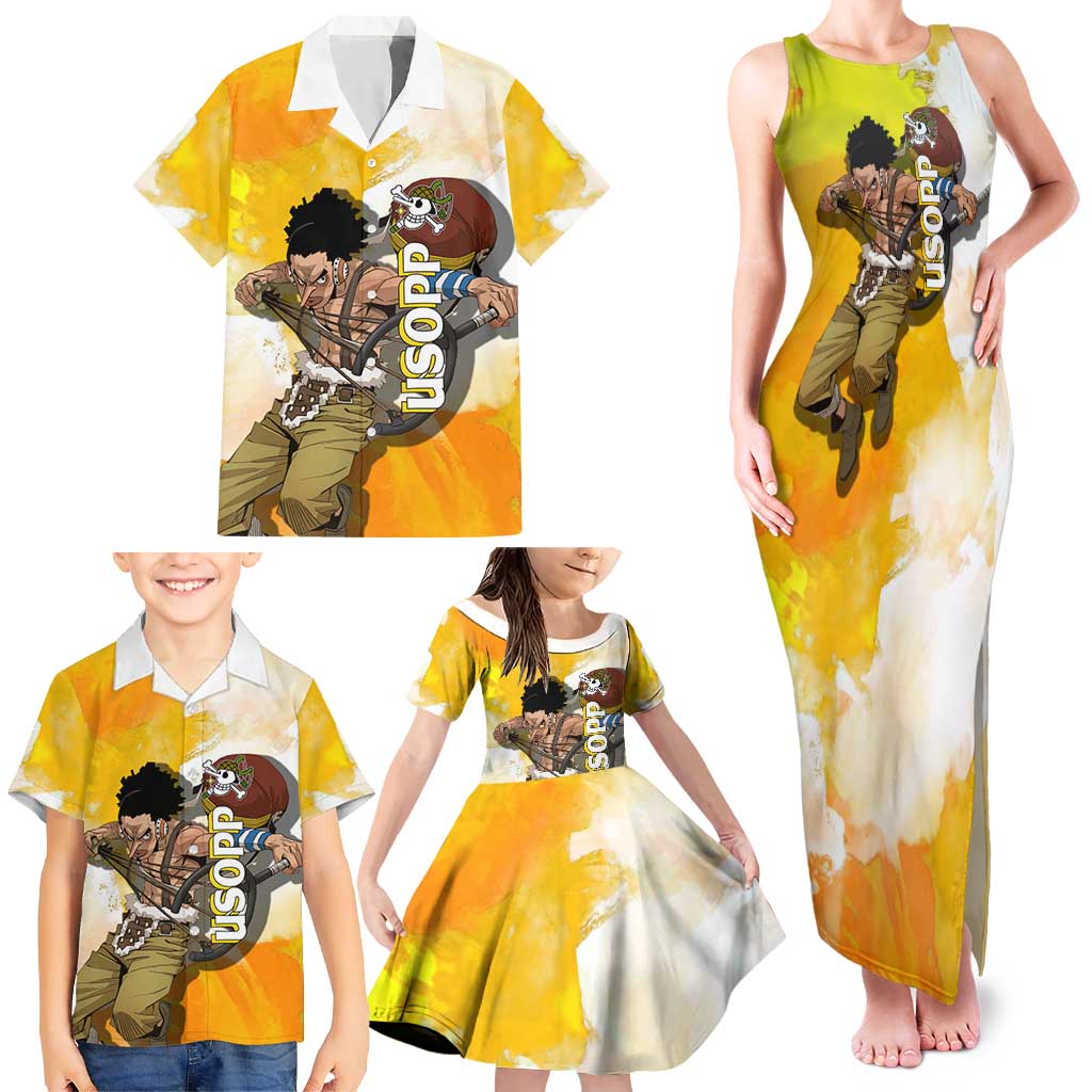 Usopp One Piece Yellow and White Theme Family Matching Tank Maxi Dress and Hawaiian Shirt with Sniper Pose and Sogeking Mask Design