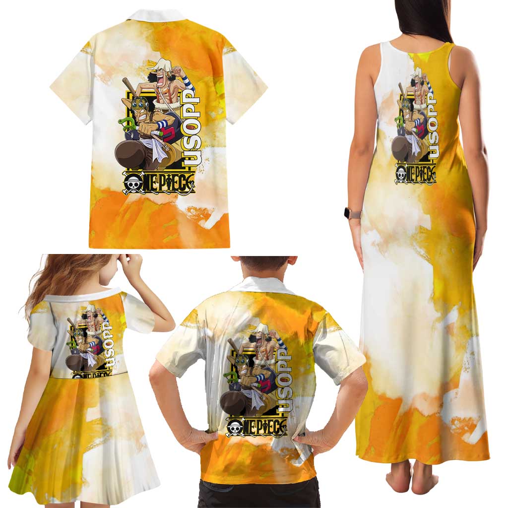 Usopp One Piece Yellow and White Theme Family Matching Tank Maxi Dress and Hawaiian Shirt with Sniper Pose and Sogeking Mask Design