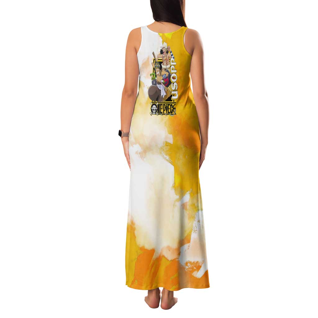 Usopp One Piece Yellow and White Theme Family Matching Tank Maxi Dress and Hawaiian Shirt with Sniper Pose and Sogeking Mask Design