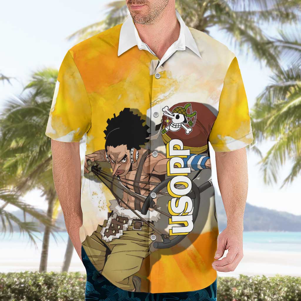 Usopp One Piece Yellow and White Theme Hawaiian Shirt with Sniper Pose and Sogeking Mask Design - The Mazicc