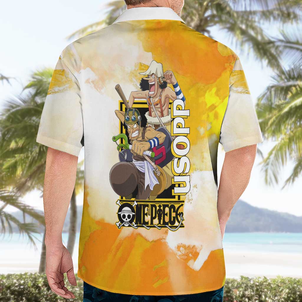 Usopp One Piece Yellow and White Theme Hawaiian Shirt with Sniper Pose and Sogeking Mask Design - The Mazicc