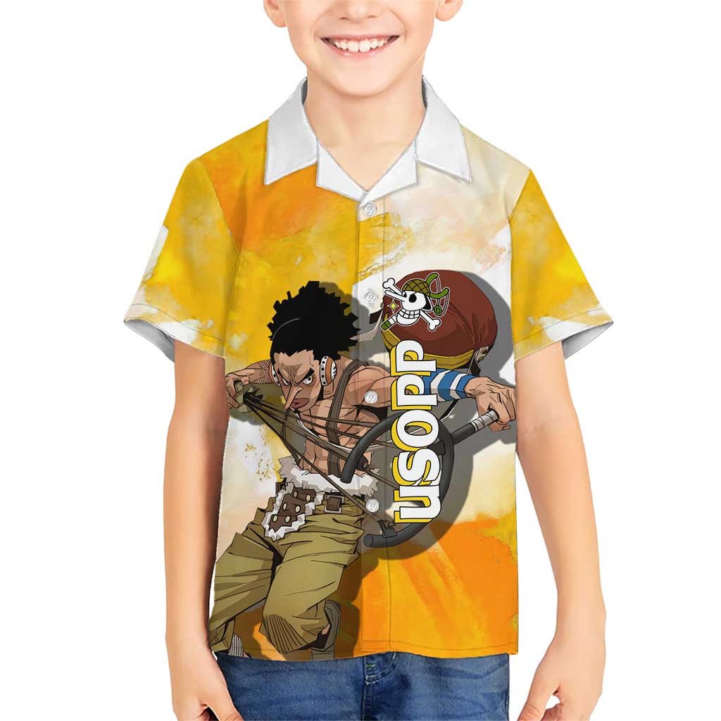 Usopp One Piece Yellow and White Theme Hawaiian Shirt with Sniper Pose and Sogeking Mask Design - The Mazicc