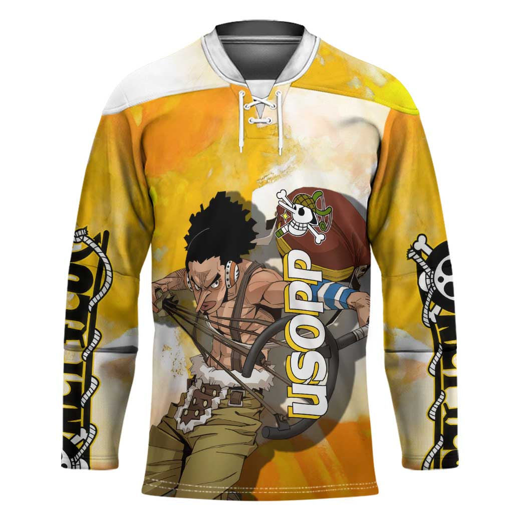 Usopp One Piece Yellow and White Theme Hockey Jersey with Sniper Pose and Sogeking Mask Design - The Mazicc