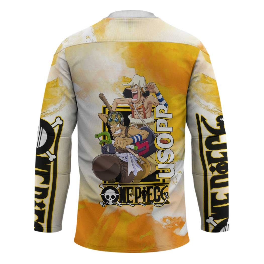 Usopp One Piece Yellow and White Theme Hockey Jersey with Sniper Pose and Sogeking Mask Design - The Mazicc