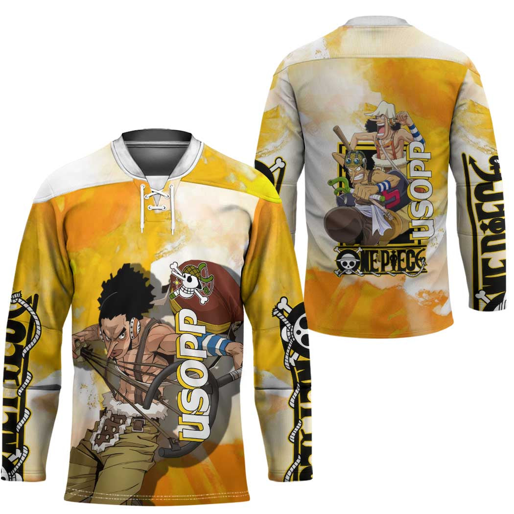 Usopp One Piece Yellow and White Theme Hockey Jersey with Sniper Pose and Sogeking Mask Design - The Mazicc