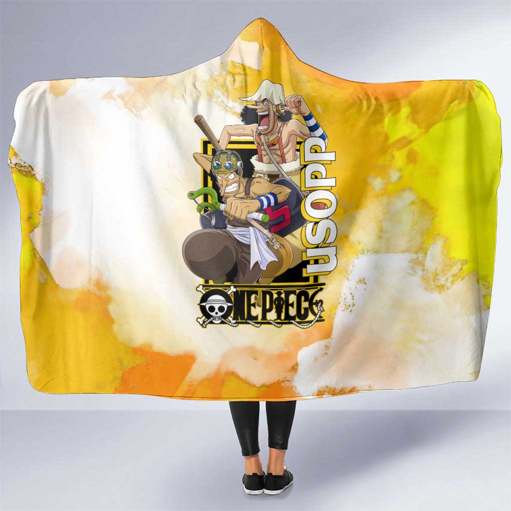 Usopp One Piece Yellow and White Theme Hooded Blanket with Sniper Pose and Sogeking Mask Design - The Mazicc
