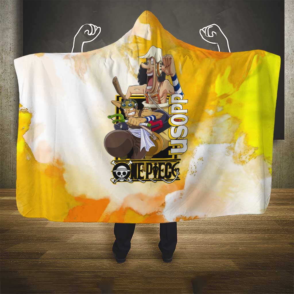Usopp One Piece Yellow and White Theme Hooded Blanket with Sniper Pose and Sogeking Mask Design - The Mazicc