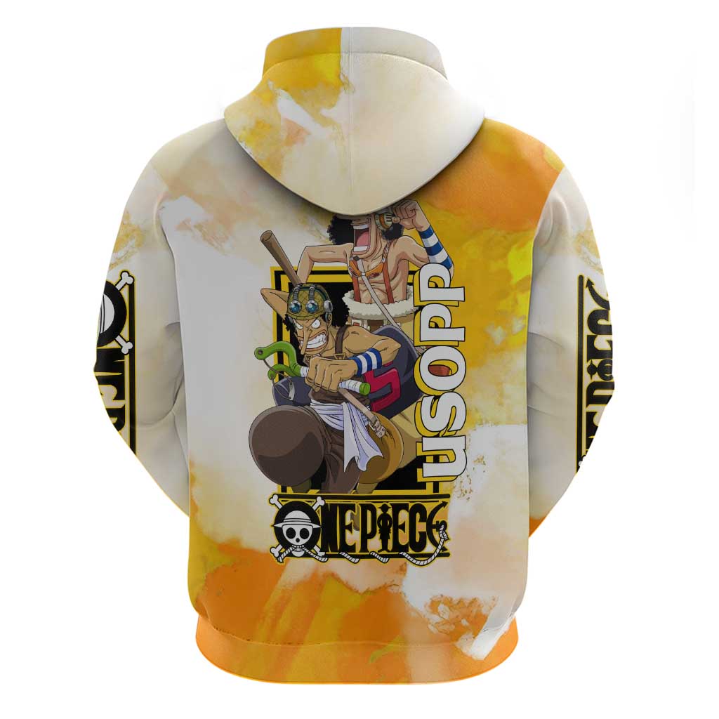 Usopp One Piece Yellow and White Theme Hoodie with Sniper Pose and Sogeking Mask Design - The Mazicc