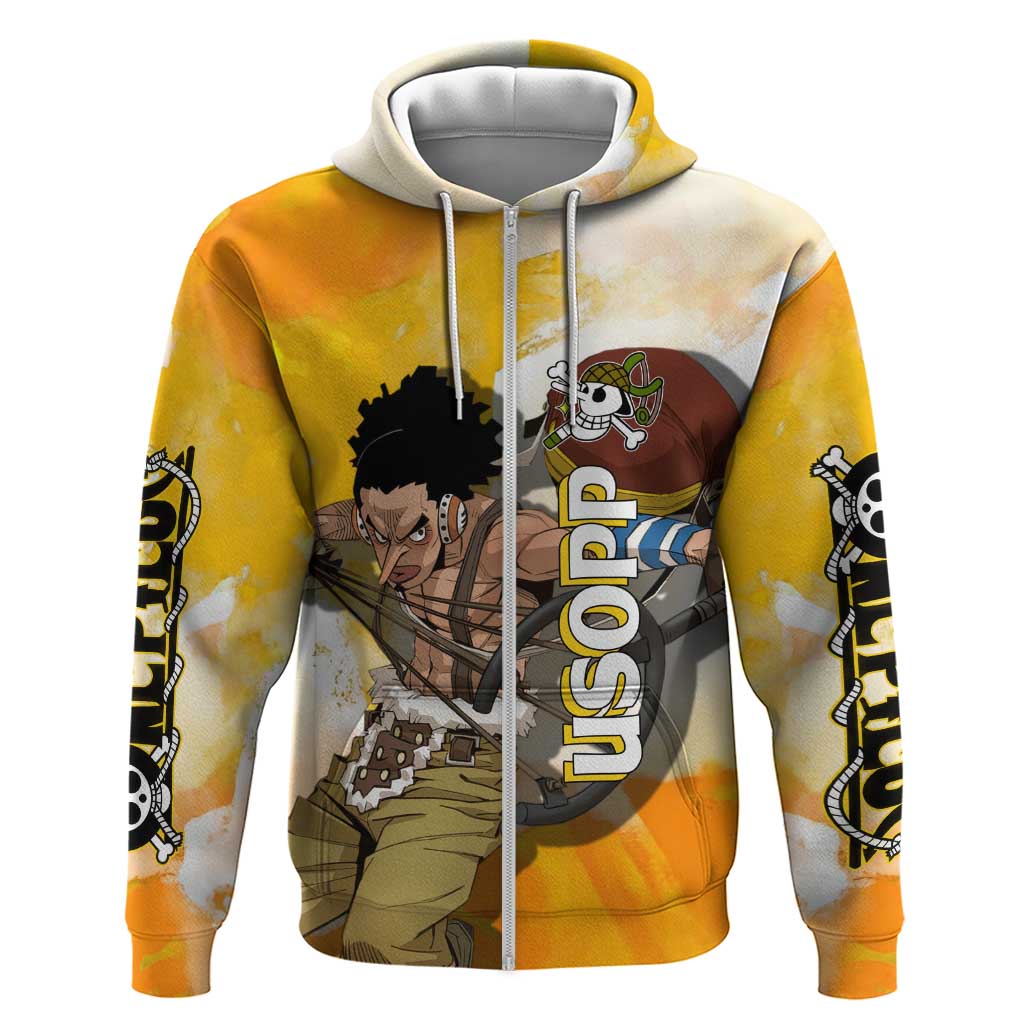 Usopp One Piece Yellow and White Theme Hoodie with Sniper Pose and Sogeking Mask Design - The Mazicc