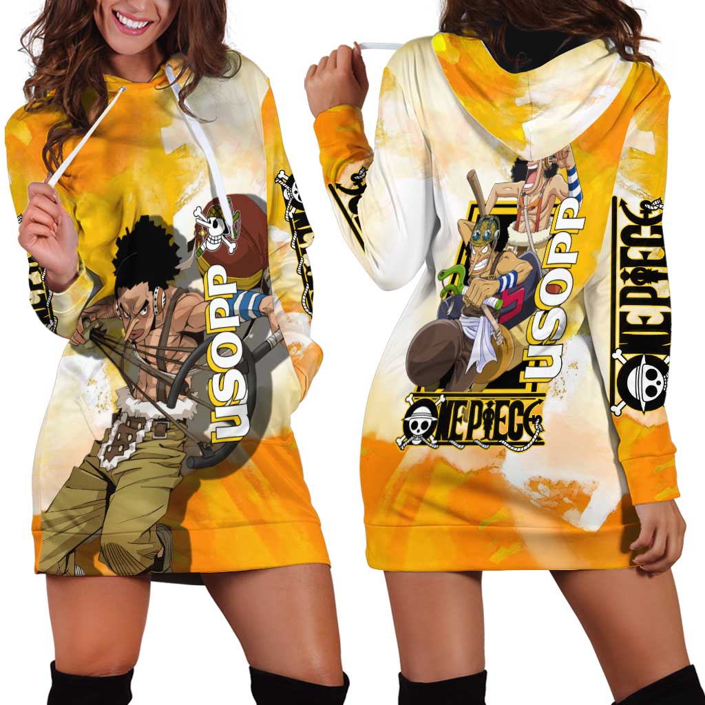 Usopp One Piece Yellow and White Theme Hoodie Dress with Sniper Pose and Sogeking Mask Design - The Mazicc