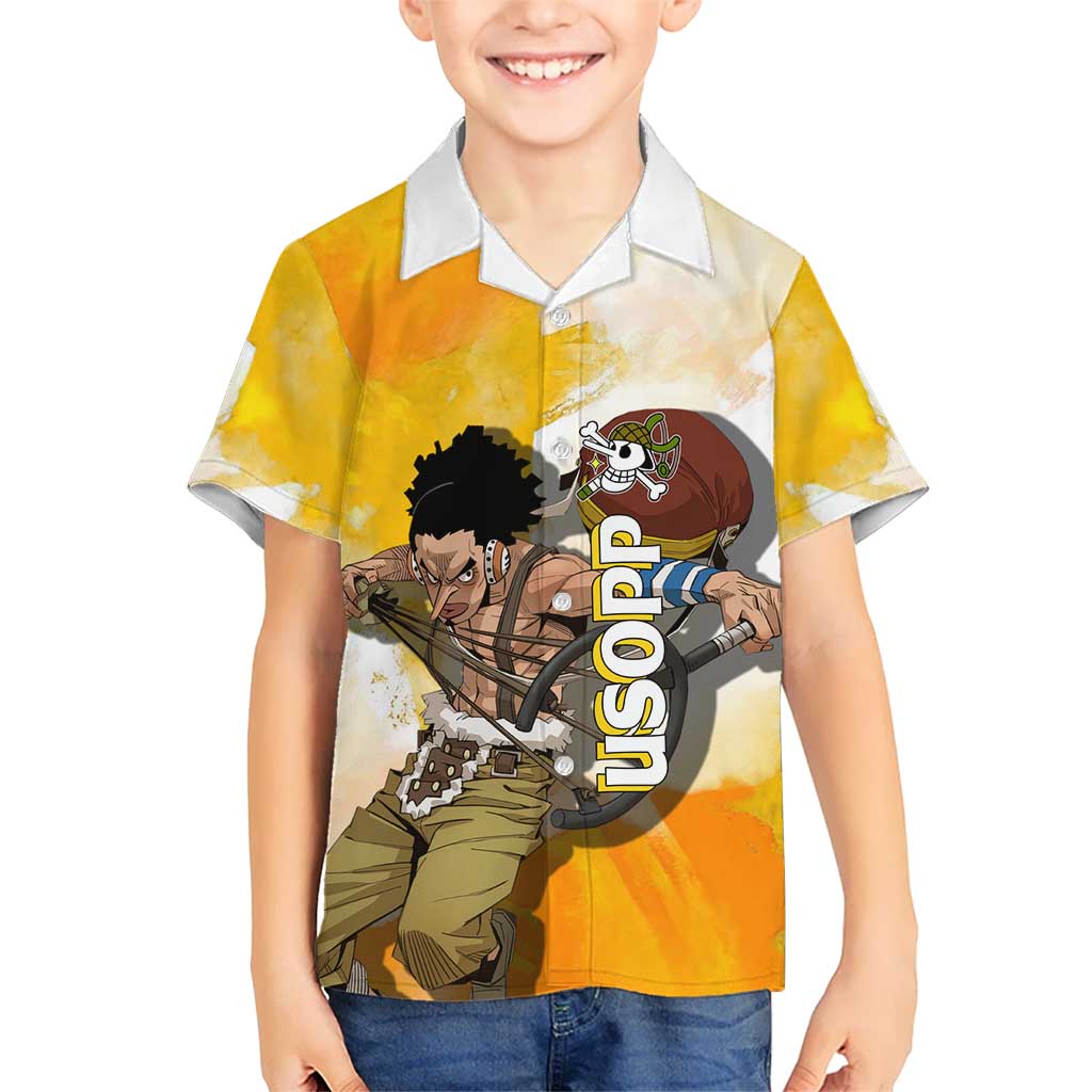 Usopp One Piece Yellow and White Theme Kid Hawaiian Shirt with Sniper Pose and Sogeking Mask Design - The Mazicc