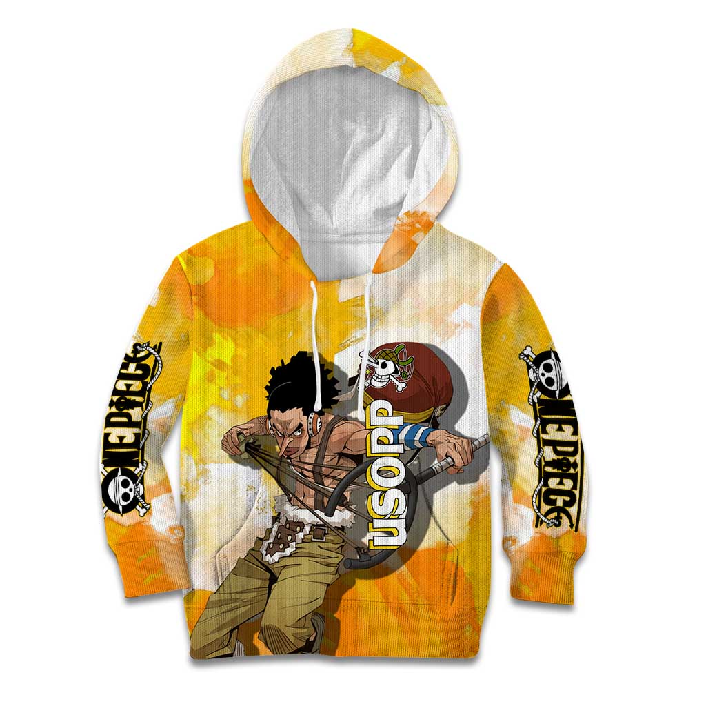 Usopp One Piece Yellow and White Theme Kid Hoodie with Sniper Pose and Sogeking Mask Design - The Mazicc