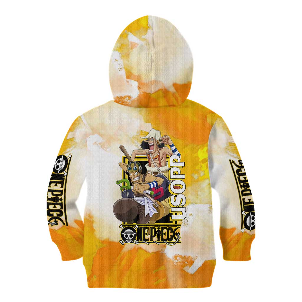 Usopp One Piece Yellow and White Theme Kid Hoodie with Sniper Pose and Sogeking Mask Design - The Mazicc