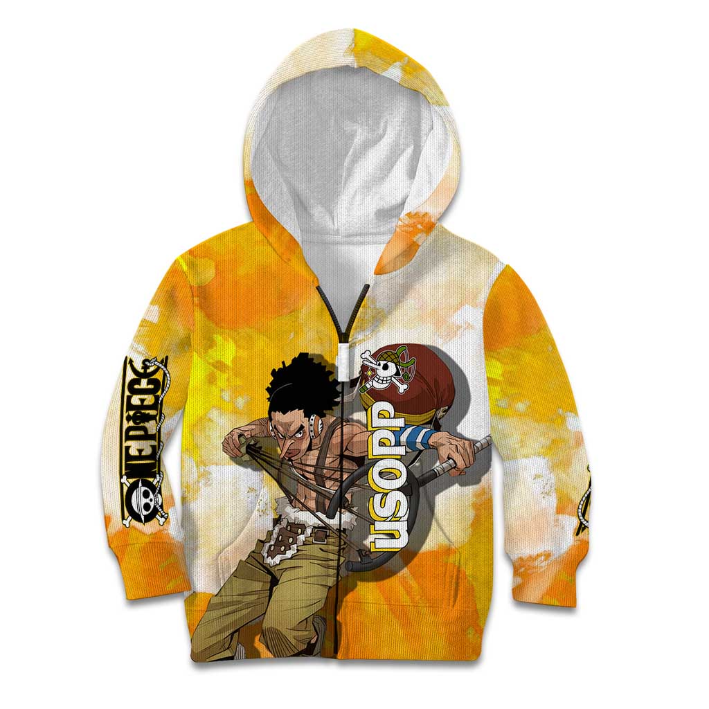 Usopp One Piece Yellow and White Theme Kid Hoodie with Sniper Pose and Sogeking Mask Design - The Mazicc