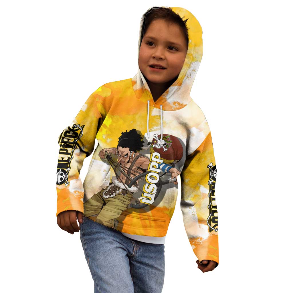 Usopp One Piece Yellow and White Theme Kid Hoodie with Sniper Pose and Sogeking Mask Design - The Mazicc