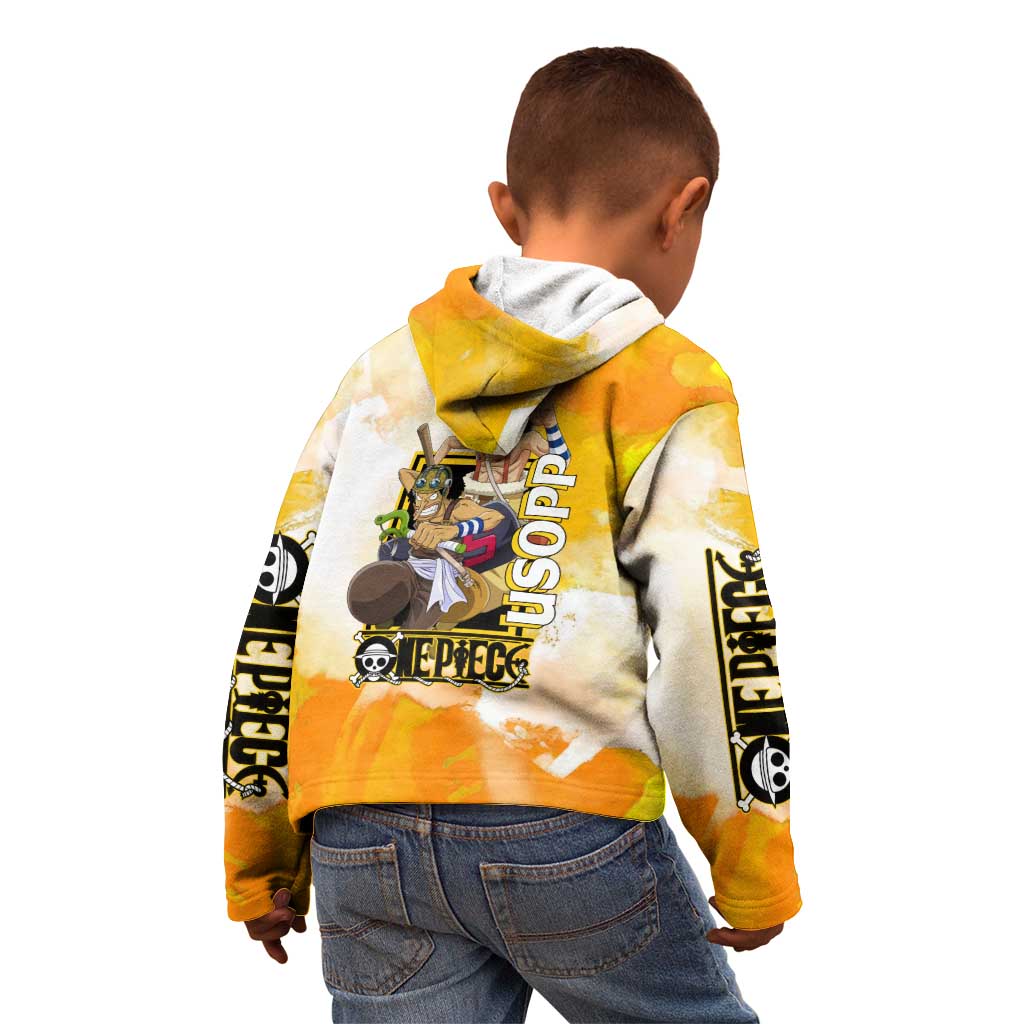 Usopp One Piece Yellow and White Theme Kid Hoodie with Sniper Pose and Sogeking Mask Design - The Mazicc