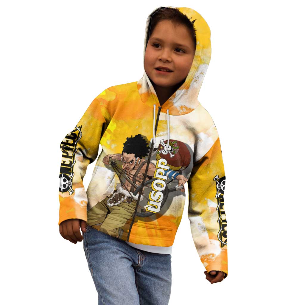Usopp One Piece Yellow and White Theme Kid Hoodie with Sniper Pose and Sogeking Mask Design - The Mazicc
