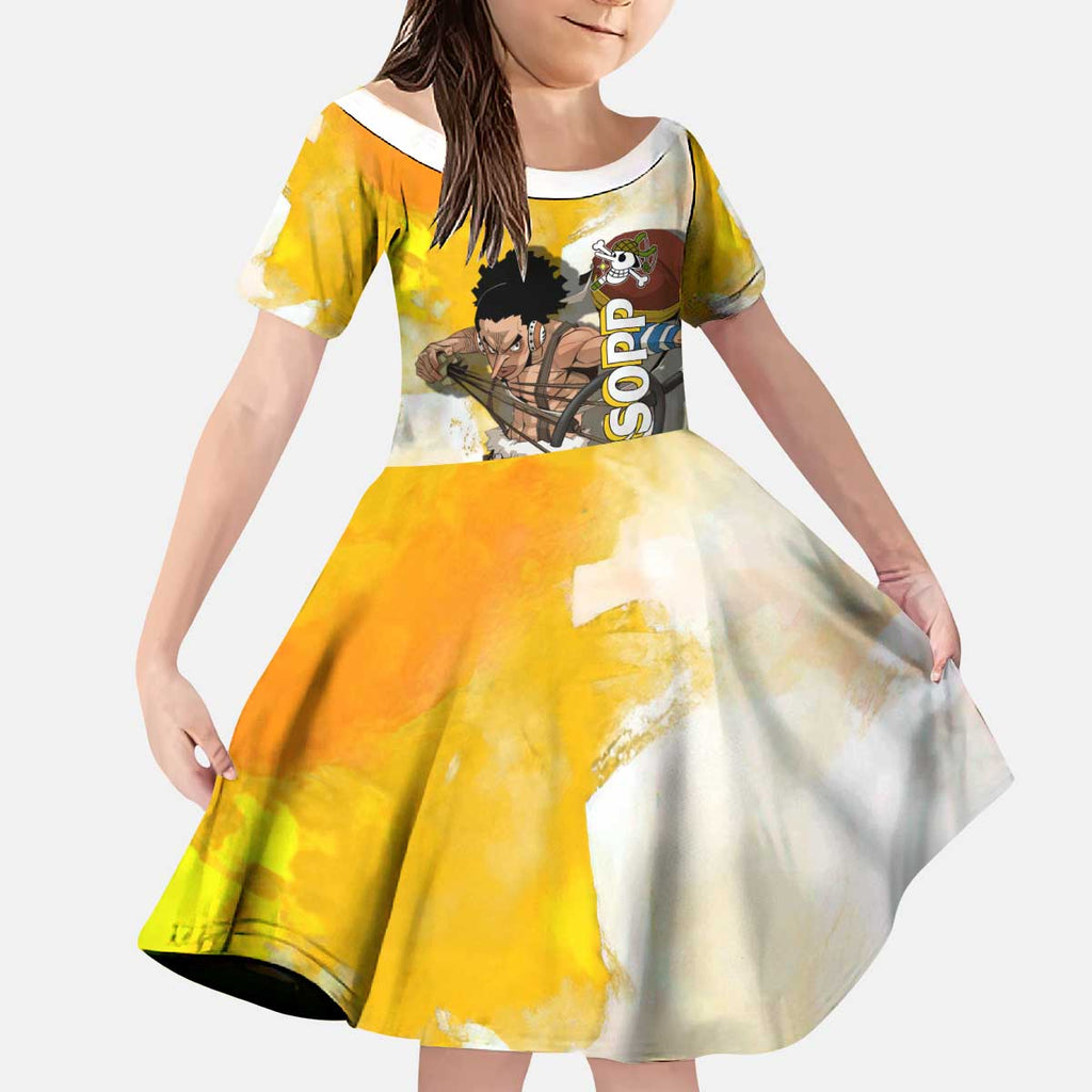 Usopp One Piece Yellow and White Theme Kid Short Sleeve Dress with Sniper Pose and Sogeking Mask Design - The Mazicc