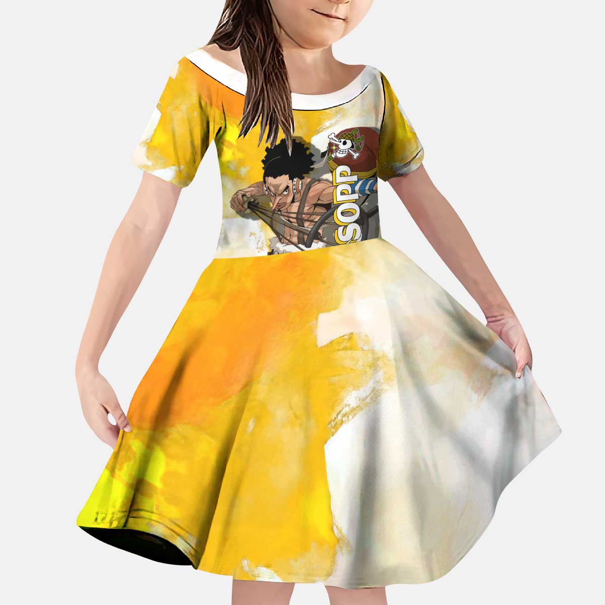 Usopp One Piece Yellow and White Theme Kid Short Sleeve Dress with Sniper Pose and Sogeking Mask Design - The Mazicc