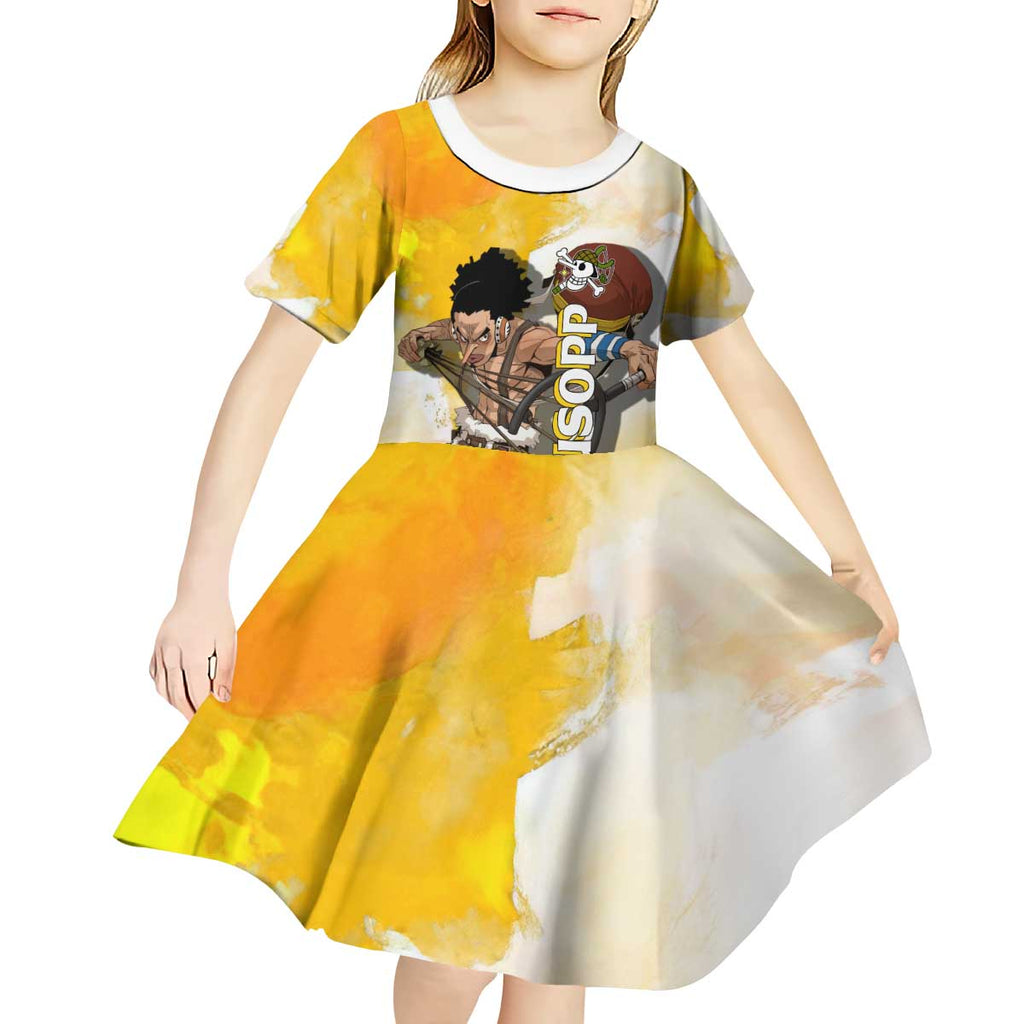 Usopp One Piece Yellow and White Theme Kid Short Sleeve Dress with Sniper Pose and Sogeking Mask Design - The Mazicc