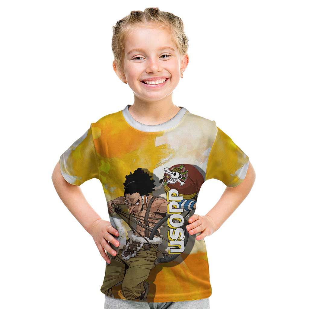 Usopp One Piece Yellow and White Theme Kid T Shirt with Sniper Pose and Sogeking Mask Design - The Mazicc