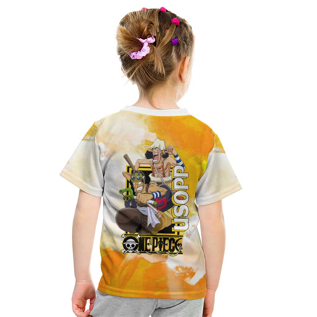 Usopp One Piece Yellow and White Theme Kid T Shirt with Sniper Pose and Sogeking Mask Design - The Mazicc