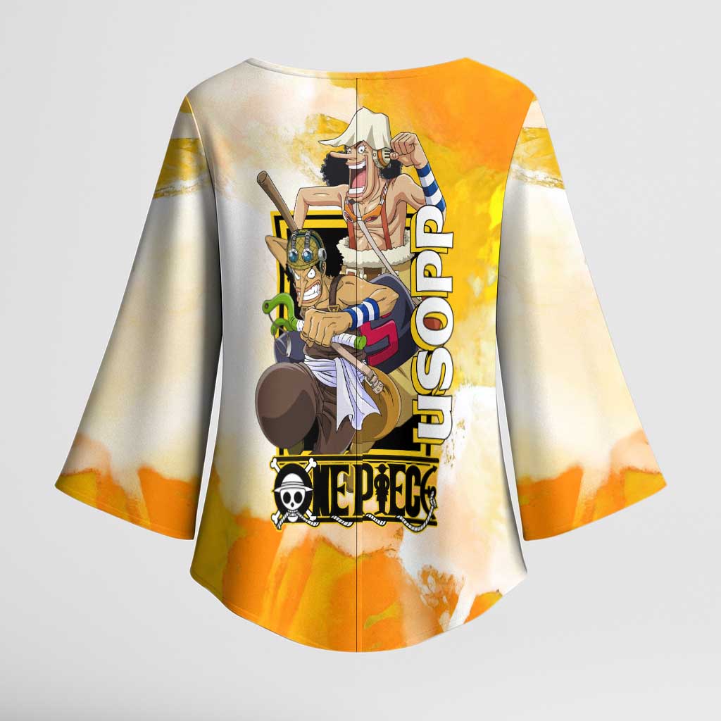 Usopp One Piece Yellow and White Theme Kimono Sleeve Blouse with Sniper Pose and Sogeking Mask Design - The Mazicc
