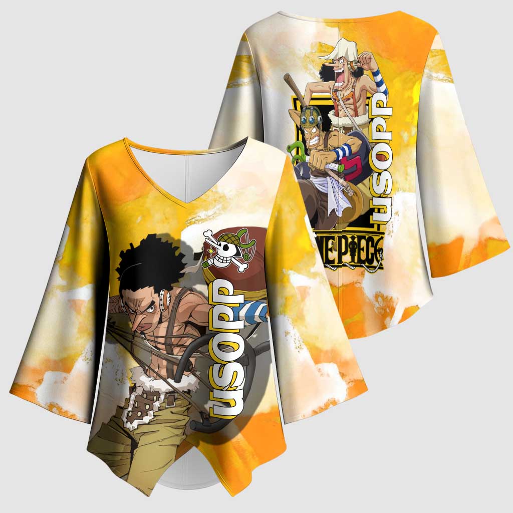 Usopp One Piece Yellow and White Theme Kimono Sleeve Blouse with Sniper Pose and Sogeking Mask Design - The Mazicc