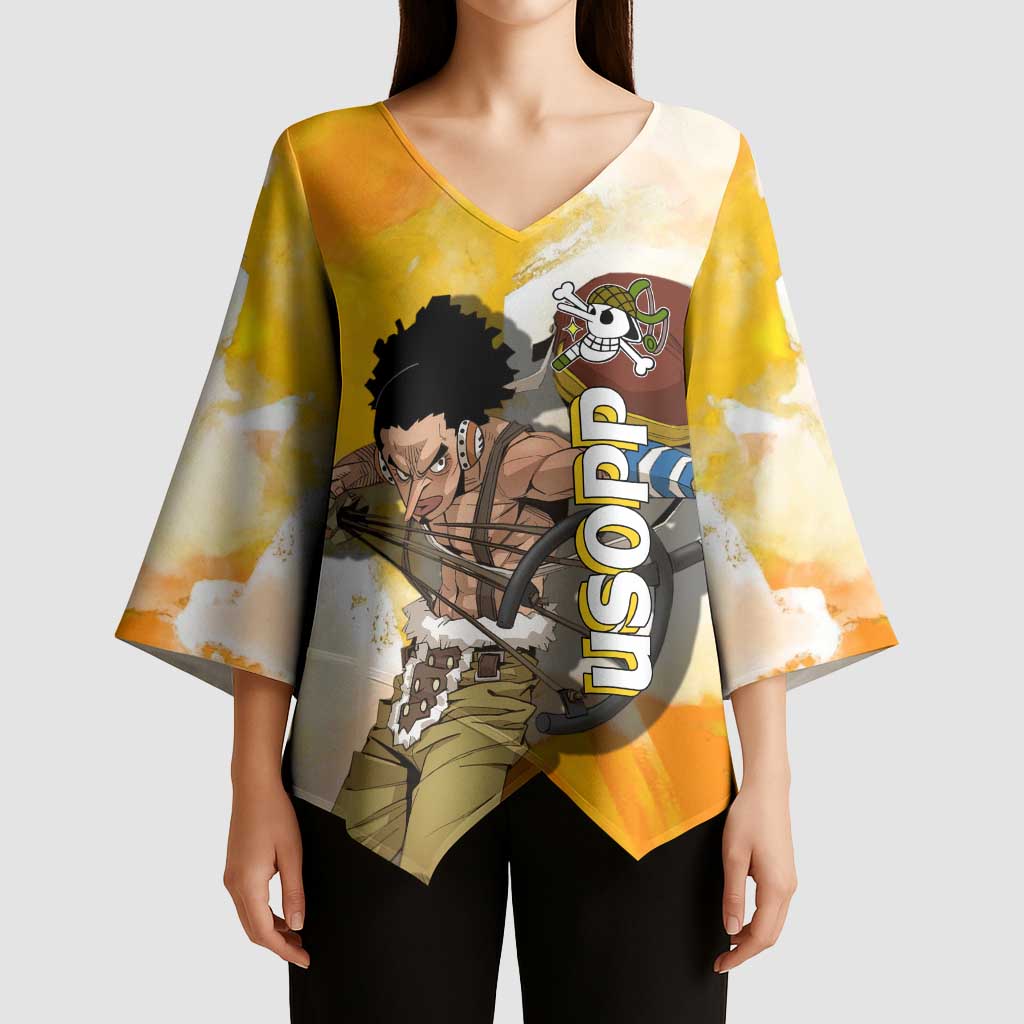 Usopp One Piece Yellow and White Theme Kimono Sleeve Blouse with Sniper Pose and Sogeking Mask Design - The Mazicc