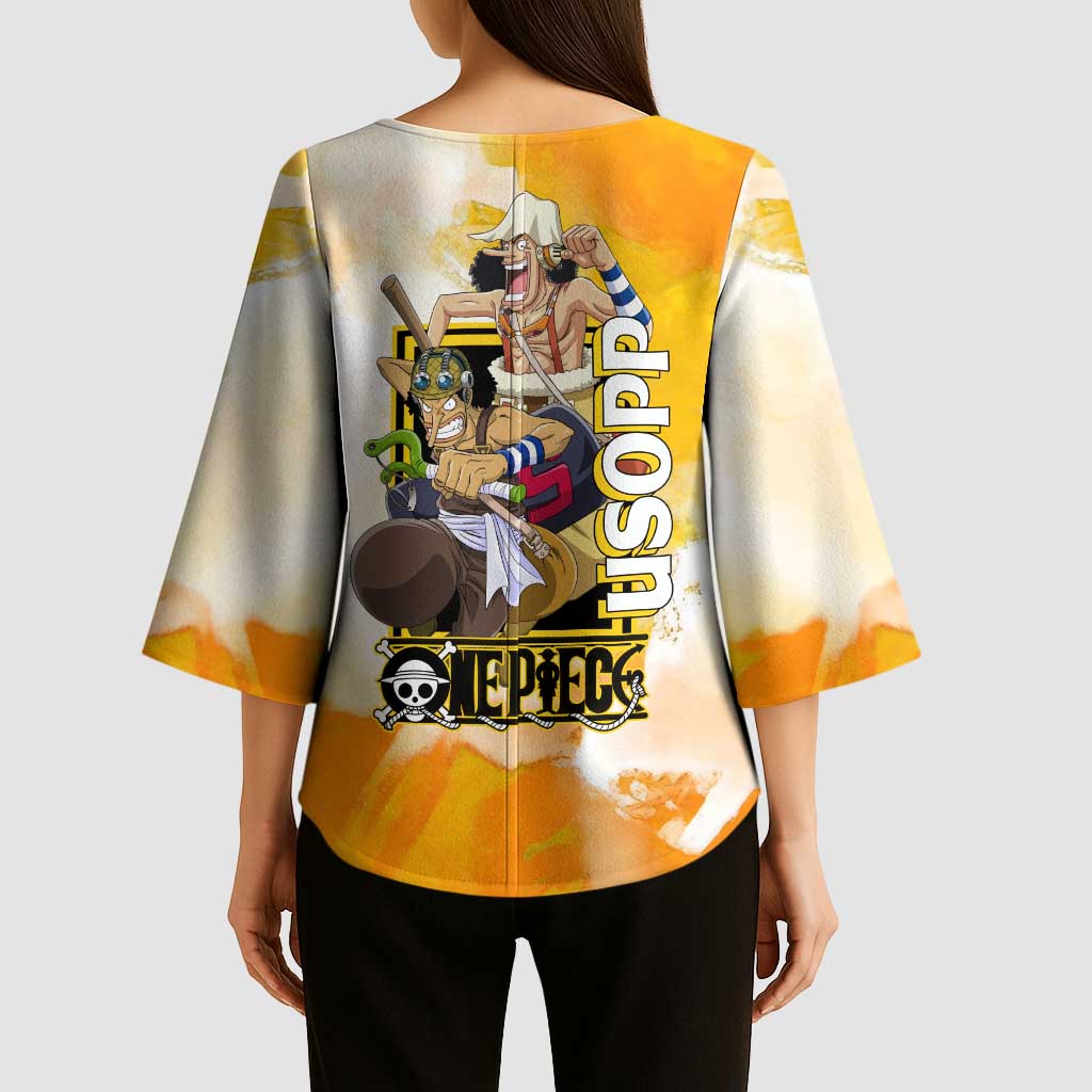 Usopp One Piece Yellow and White Theme Kimono Sleeve Blouse with Sniper Pose and Sogeking Mask Design - The Mazicc