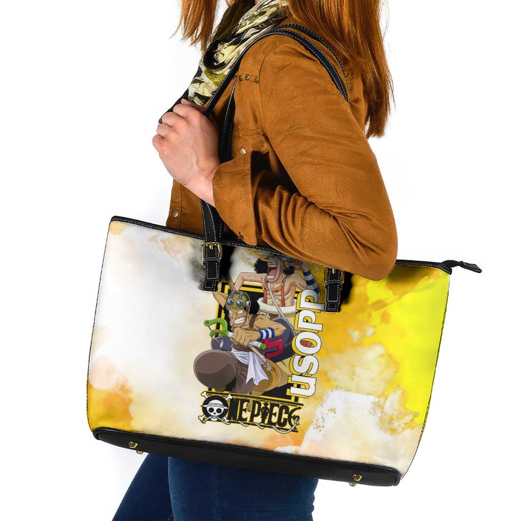 Usopp One Piece Yellow and White Theme Leather Tote Bag with Sniper Pose and Sogeking Mask Design - The Mazicc
