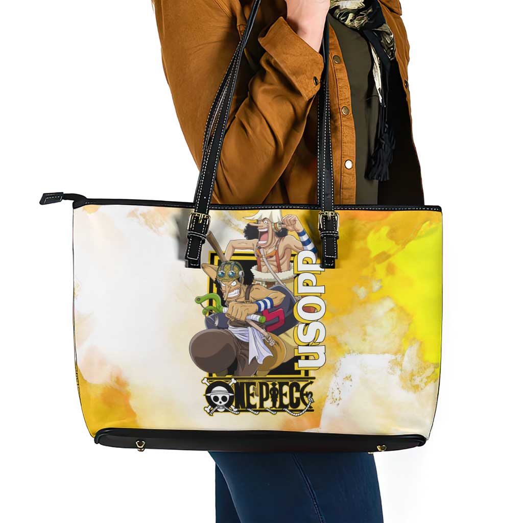 Usopp One Piece Yellow and White Theme Leather Tote Bag with Sniper Pose and Sogeking Mask Design - The Mazicc