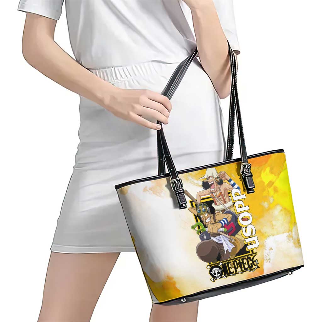 Usopp One Piece Yellow and White Theme Leather Tote Bag with Sniper Pose and Sogeking Mask Design - The Mazicc
