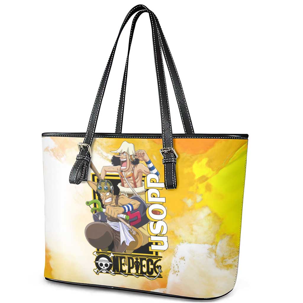 Usopp One Piece Yellow and White Theme Leather Tote Bag with Sniper Pose and Sogeking Mask Design - The Mazicc