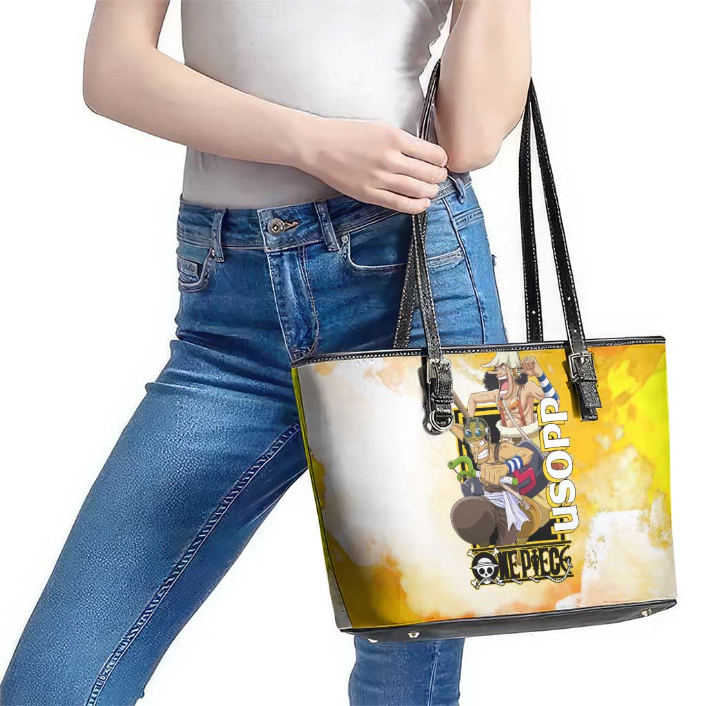 Usopp One Piece Yellow and White Theme Leather Tote Bag with Sniper Pose and Sogeking Mask Design - The Mazicc
