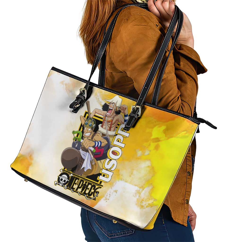 Usopp One Piece Yellow and White Theme Leather Tote Bag with Sniper Pose and Sogeking Mask Design - The Mazicc