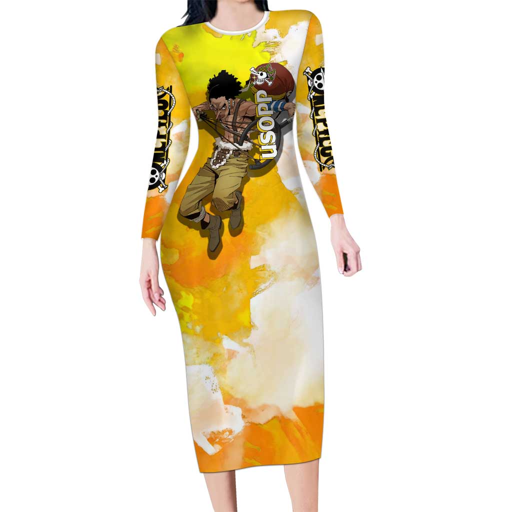 Usopp One Piece Yellow and White Theme Long Sleeve Bodycon Dress with Sniper Pose and Sogeking Mask Design - The Mazicc