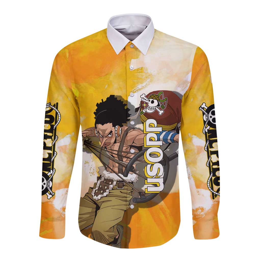Usopp One Piece Yellow and White Theme Long Sleeve Button Shirt with Sniper Pose and Sogeking Mask Design - The Mazicc