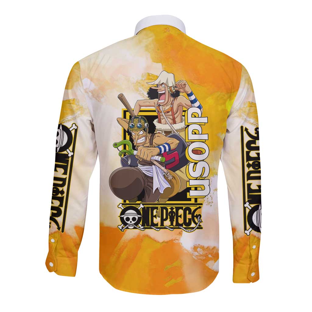 Usopp One Piece Yellow and White Theme Long Sleeve Button Shirt with Sniper Pose and Sogeking Mask Design - The Mazicc