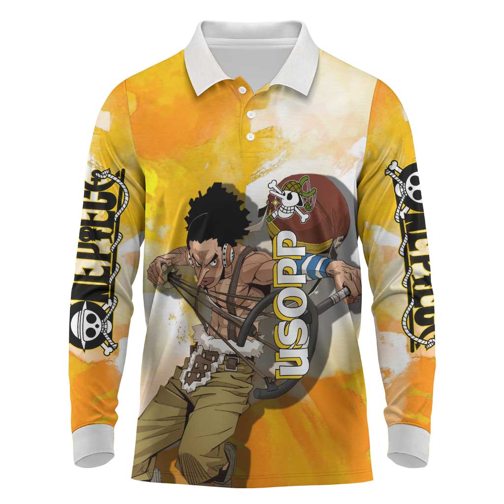Usopp One Piece Yellow and White Theme Long Sleeve Polo Shirt with Sniper Pose and Sogeking Mask Design - The Mazicc