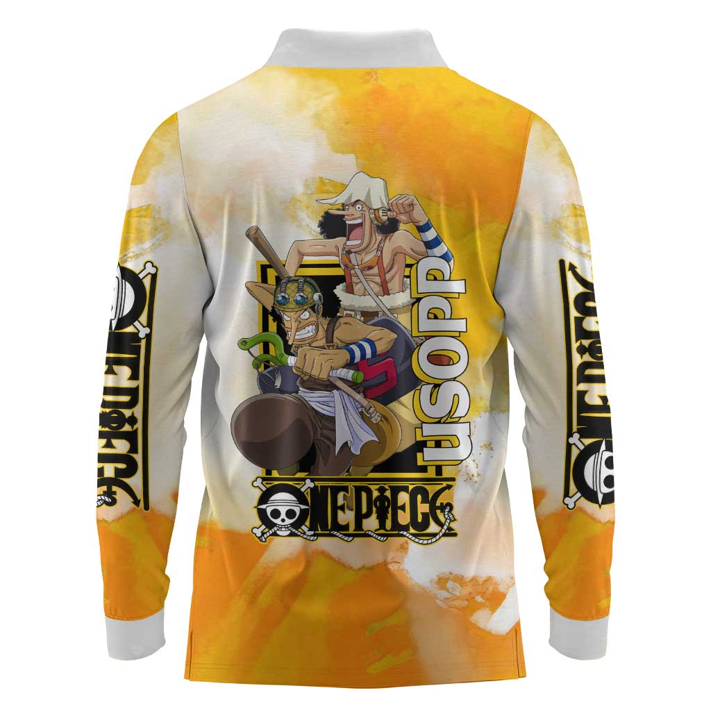 Usopp One Piece Yellow and White Theme Long Sleeve Polo Shirt with Sniper Pose and Sogeking Mask Design - The Mazicc