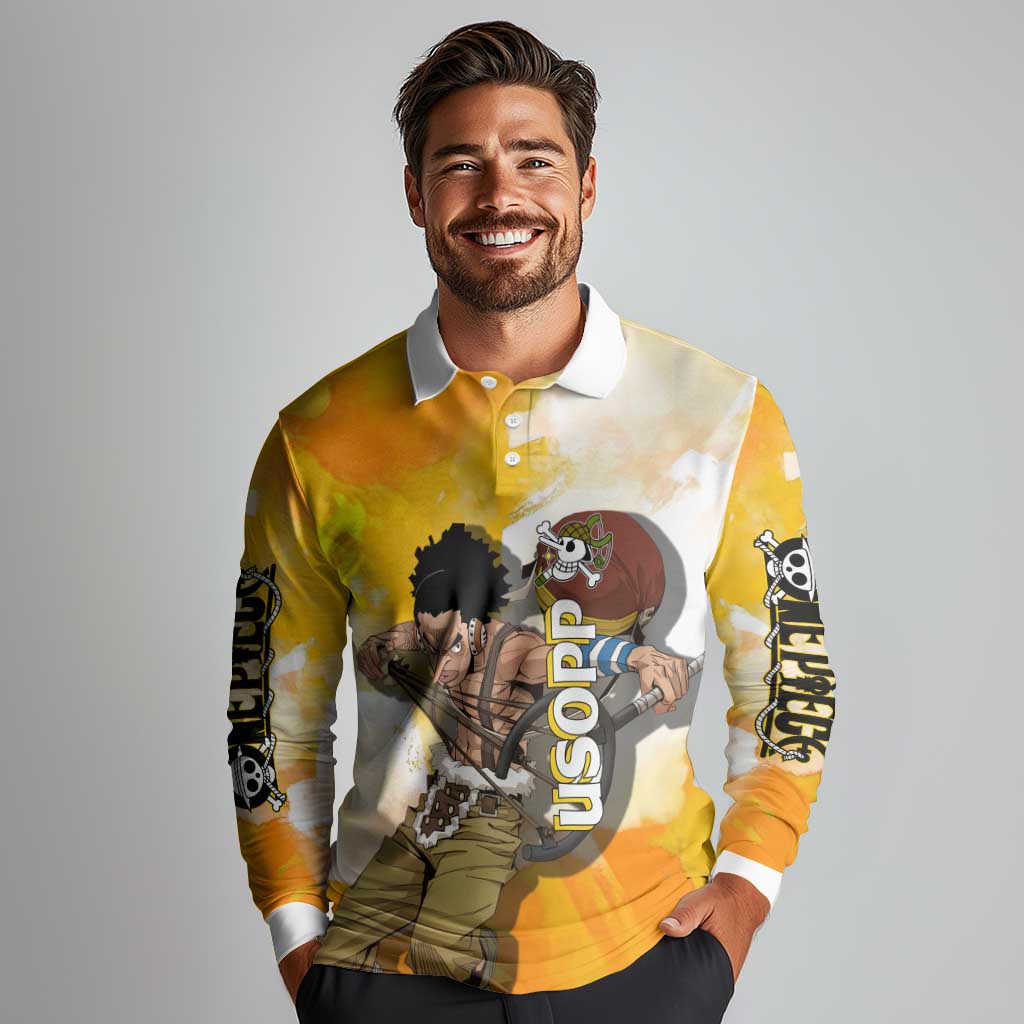 Usopp One Piece Yellow and White Theme Long Sleeve Polo Shirt with Sniper Pose and Sogeking Mask Design - The Mazicc