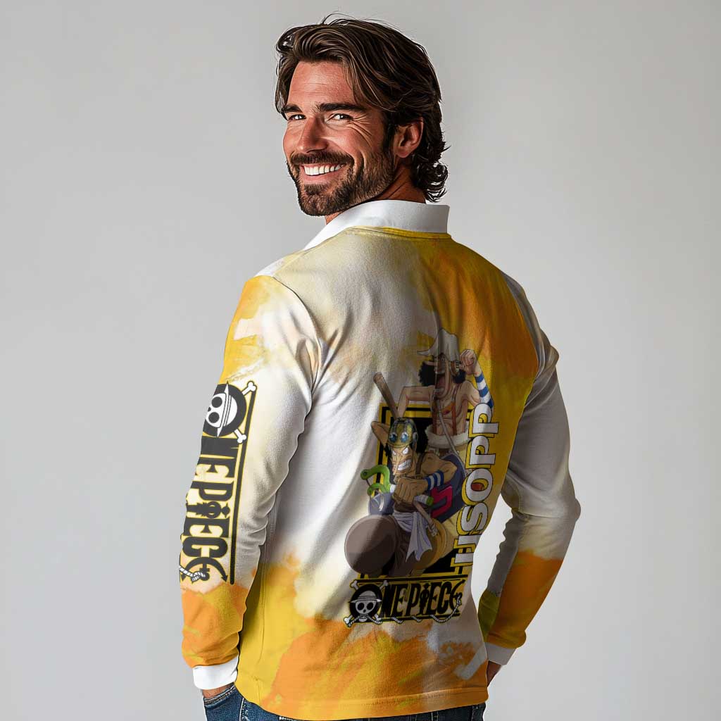 Usopp One Piece Yellow and White Theme Long Sleeve Polo Shirt with Sniper Pose and Sogeking Mask Design - The Mazicc