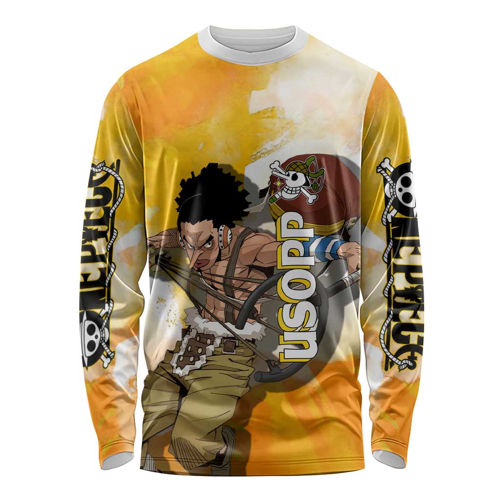 Usopp One Piece Yellow and White Theme Long Sleeve Shirt with Sniper Pose and Sogeking Mask Design - The Mazicc