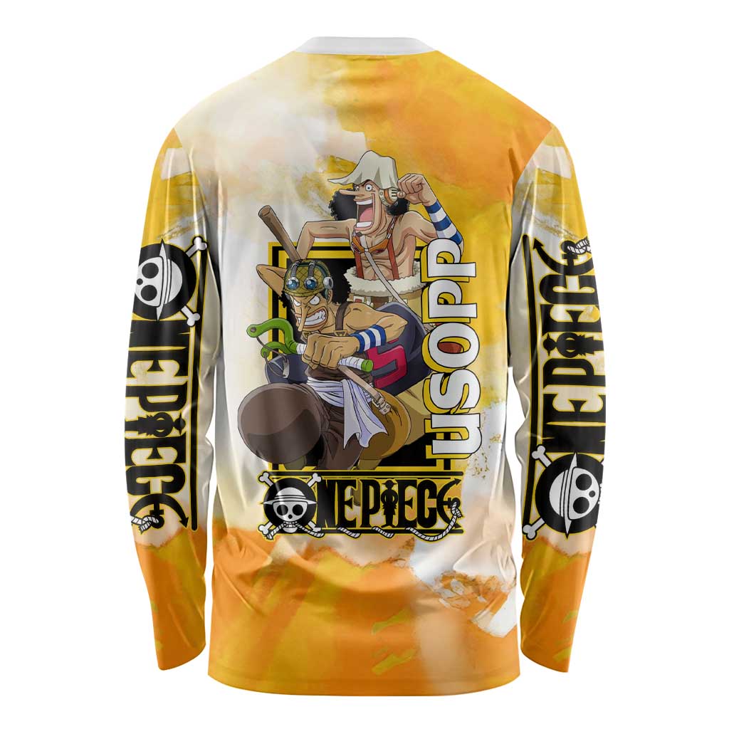 Usopp One Piece Yellow and White Theme Long Sleeve Shirt with Sniper Pose and Sogeking Mask Design - The Mazicc