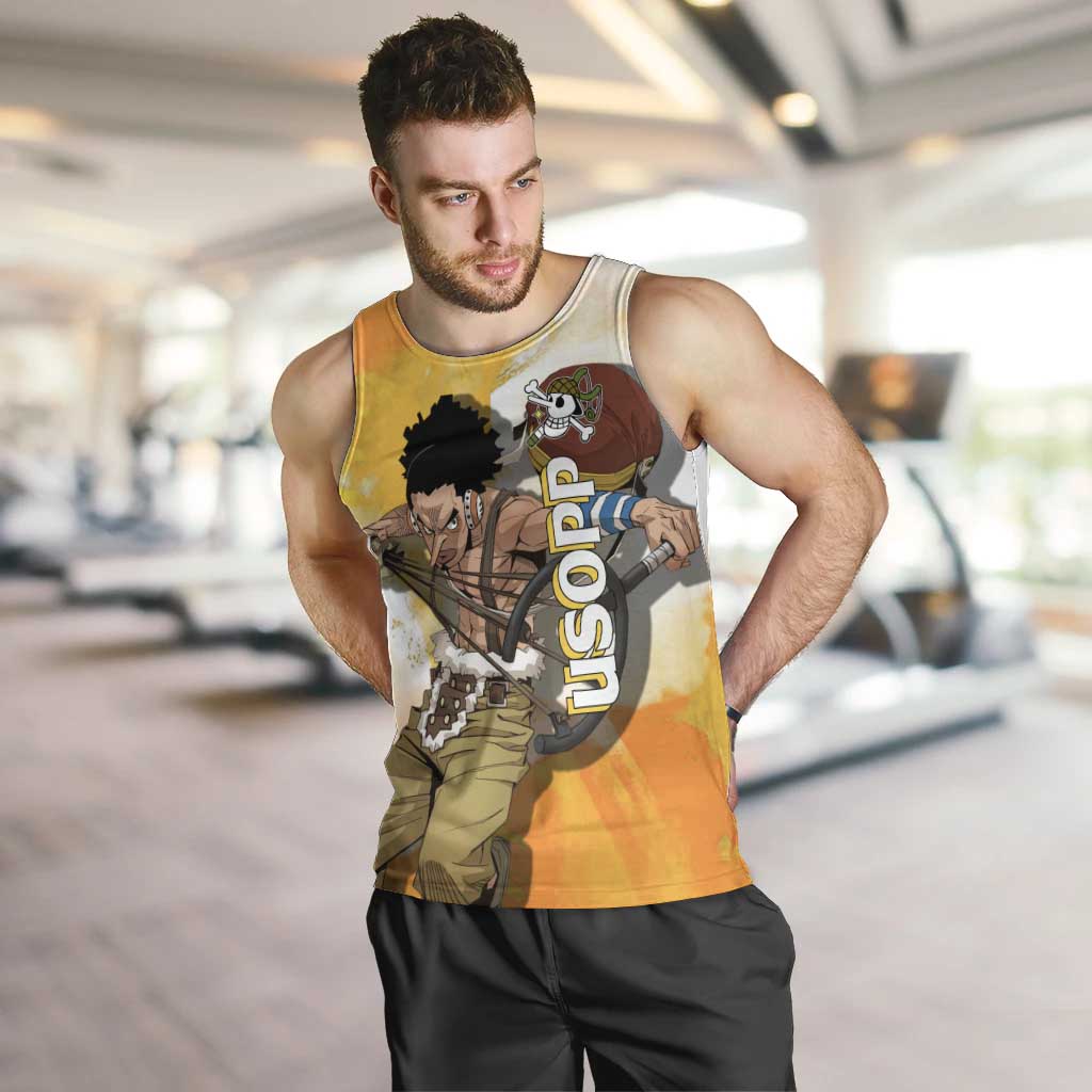 Usopp One Piece Yellow and White Theme Men Tank Top with Sniper Pose and Sogeking Mask Design - The Mazicc