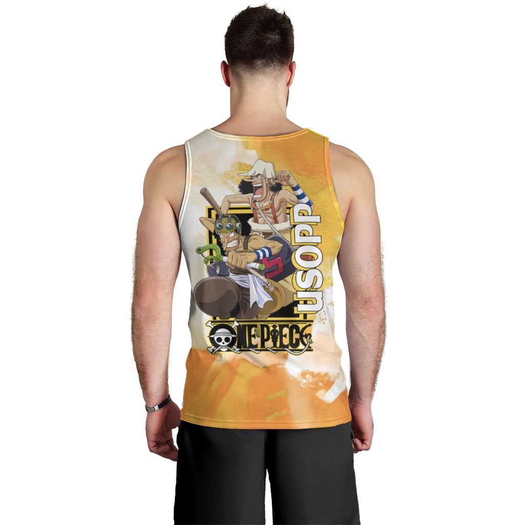 Usopp One Piece Yellow and White Theme Men Tank Top with Sniper Pose and Sogeking Mask Design - The Mazicc