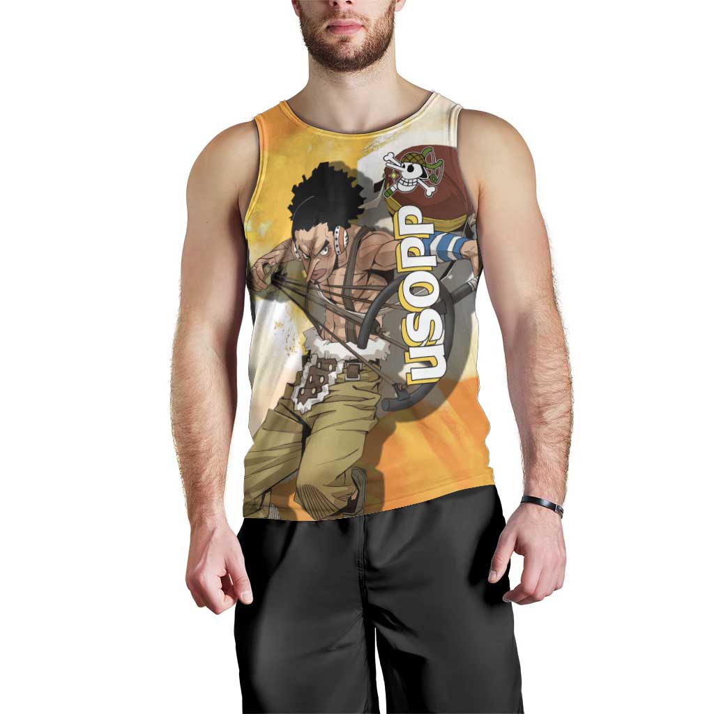 Usopp One Piece Yellow and White Theme Men Tank Top with Sniper Pose and Sogeking Mask Design - The Mazicc