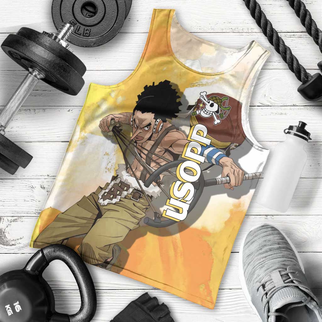 Usopp One Piece Yellow and White Theme Men Tank Top with Sniper Pose and Sogeking Mask Design - The Mazicc